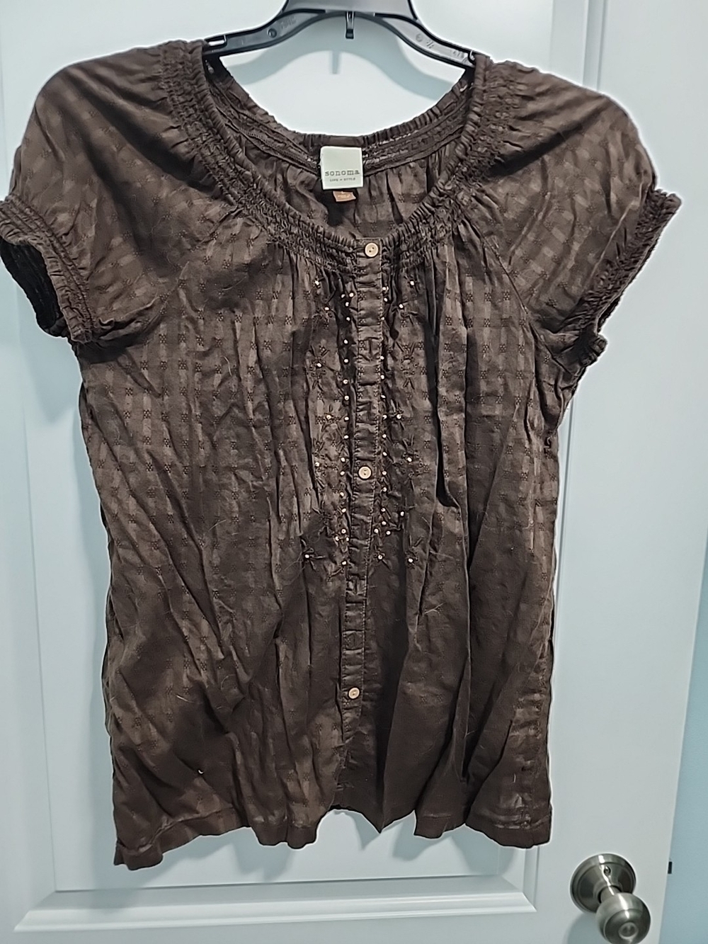 Sonoma Chocolate Brown Short-Sleeve Button Front Top